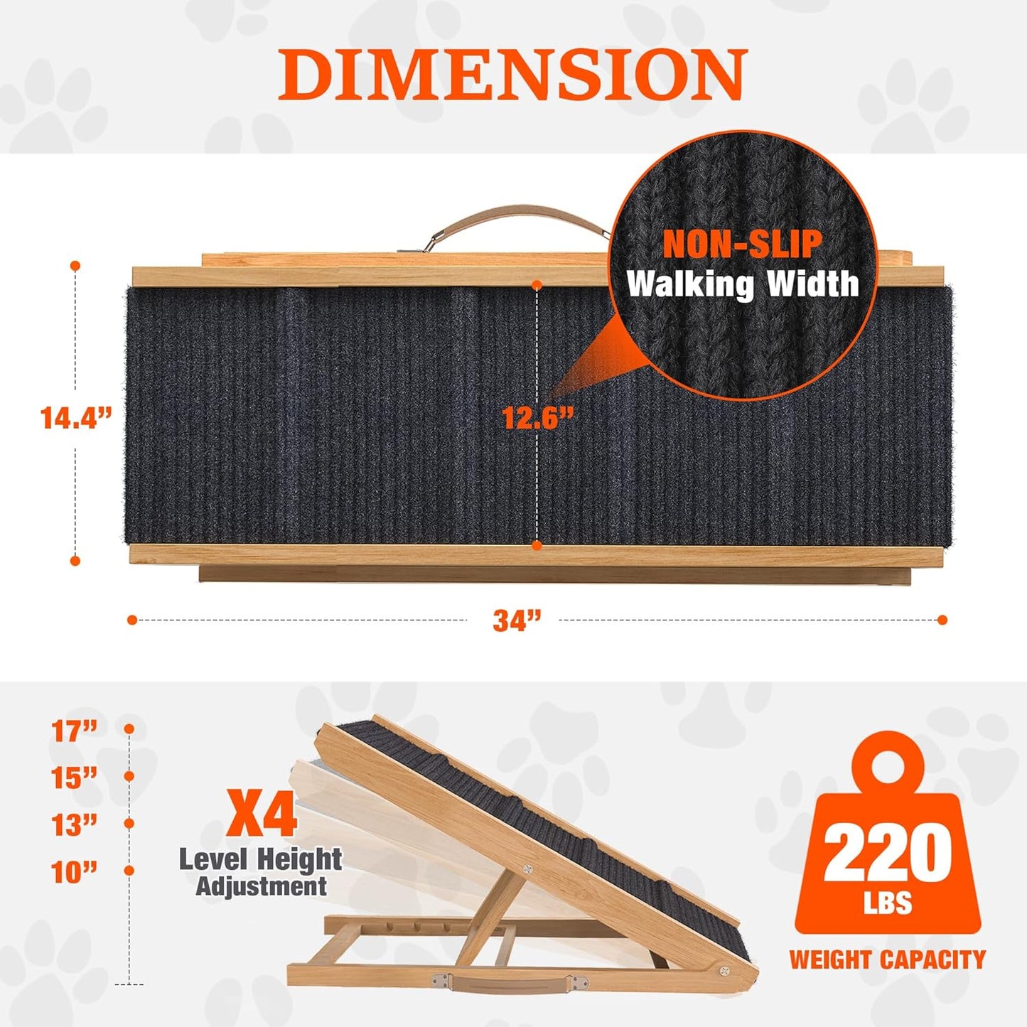 Adjustable Dog Ramp for Bed - 34" Long Foldable Wooden Ramp for Dogs to Get on Bed, Couch, or Car with 12.6" Wide Walking Space (Natural Wood with Gray Carpet)