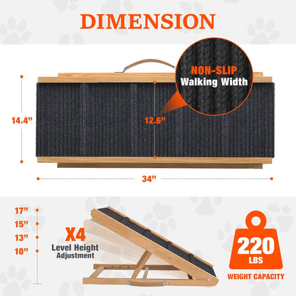 Adjustable Dog Ramp for Bed - 34" Long Foldable Wooden Ramp for Dogs to Get on Bed, Couch, or Car with 12.6" Wide Walking Space (Natural Wood with Gray Carpet)