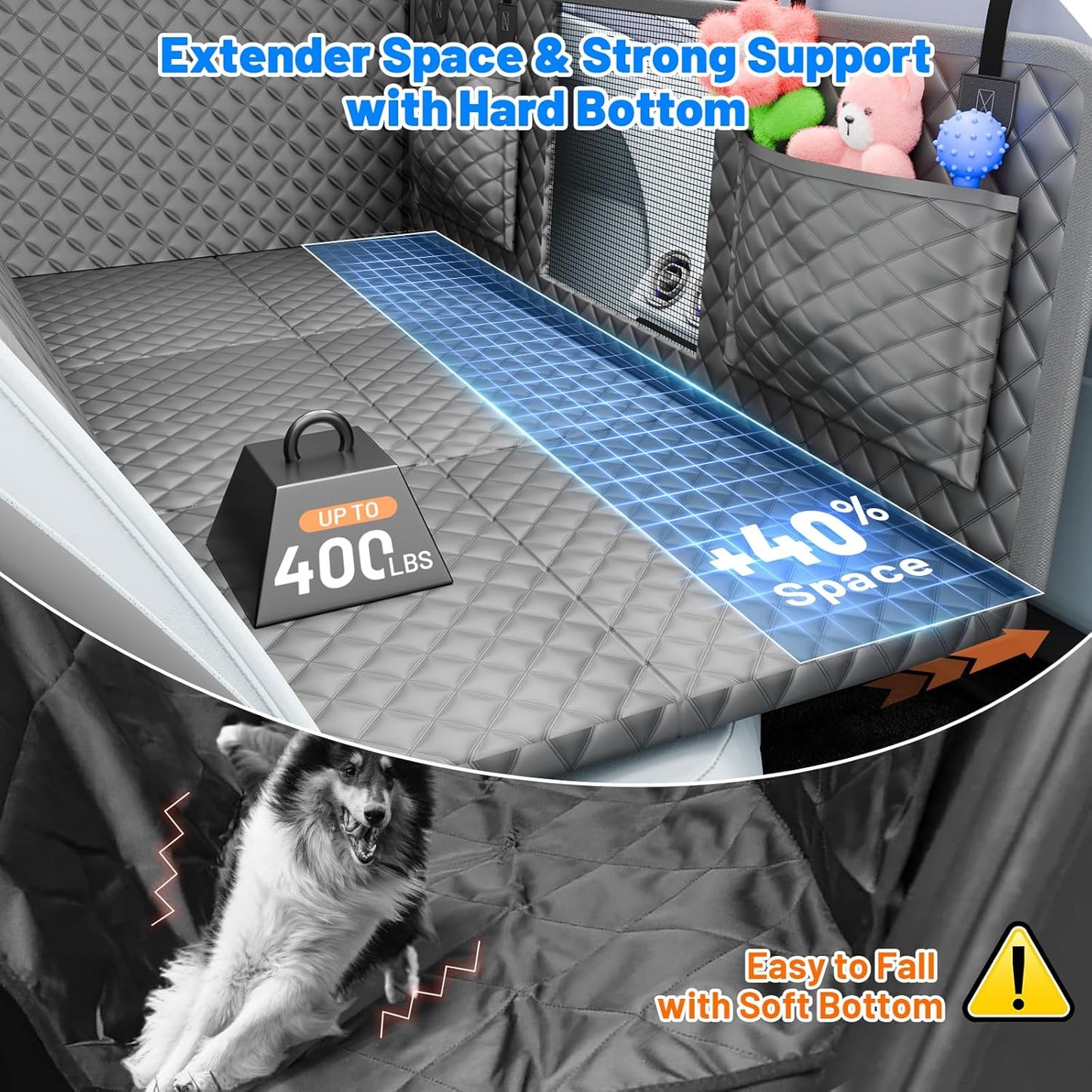 Dog Car Seat Cover for Back Seat with Hard Bottom,Waterproof Back Seat Extender for Dogs,Dog Hammock Dogs Bed for Cars, SUVs,Pet Seat Cover for Back Seat Holds 400lbs with Mesh Window & Pocket