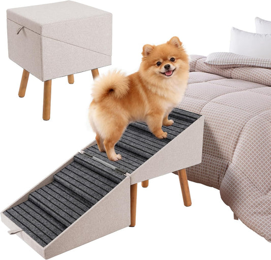 Dog Ramp for Bed & Couch, Dog Stairs 21.06 inches High for Large/Medium/Small Doggie, Foldable 2 in 1 Wooden Pet Steps for Puppy Older and Injured Dogs, Split Ottoman Design, No-Slip Surface