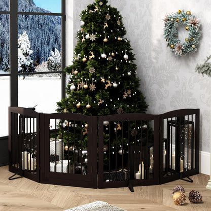 PUPETPO Freestanding Dog Gate with Door, Pet Gate for Stairs, 80 inch Wide Pet Barrier Indoor, Dog Fences Indoor, Support Feet Included, 4 Panels, 24" Tall, Dark Brown