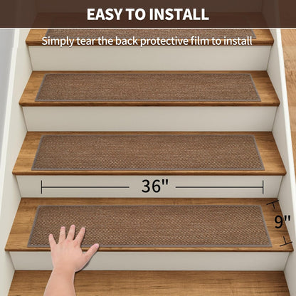 GROWLING Linen Stair Treads for Wooden Steps Indoor 30x8 inch, 15pcs Upgraded Self Adhesive Backing Non Slip Stair Carpets, Peel and Stick Stair Runner Rugs, Reusable Staircase Step Treads(Brown)