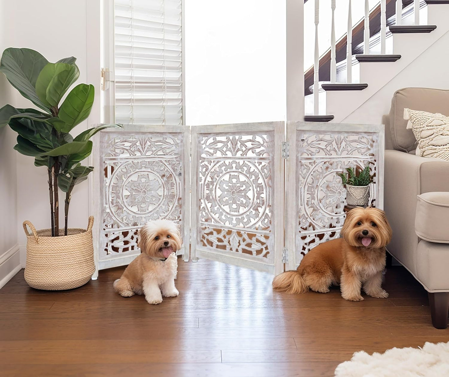Croft&Cane Wooden Foldable Pet Dog Safety Gate – 3 Panel Freestanding Indoor Pet Fence (20 inches W x 24 inches H) – Hand-Carved Solid Wood & MDF – Fully Assembled - Antique Brown