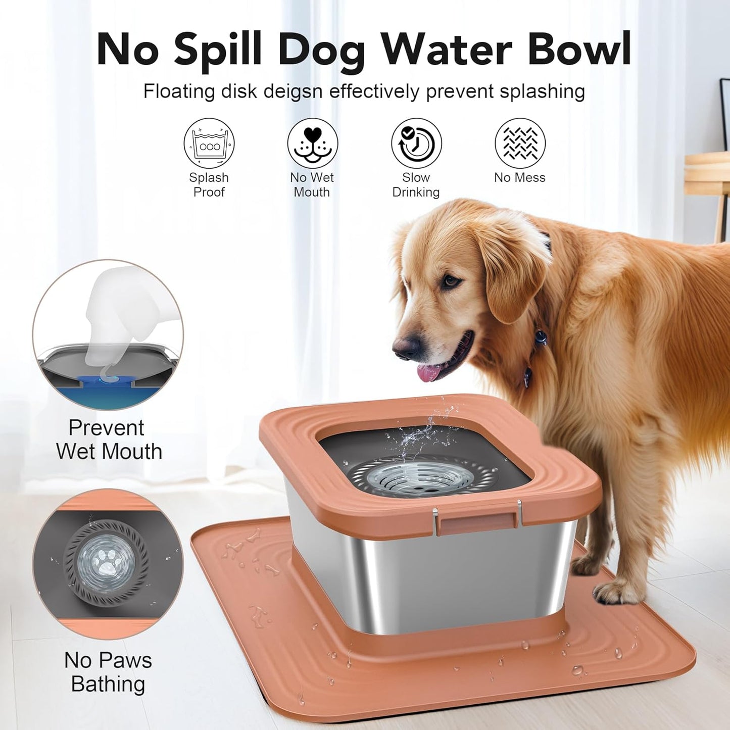 Decflow 10L Stainless Steel Dog Water Bowl, No Spill Anti-Splash Dog Bowls with XXL Silicone Mat, Spill-Proof Slow Feeder for Messy Drinkers, Heavy Duty Pet Bowls for Indoor/Outdoor Use Grey