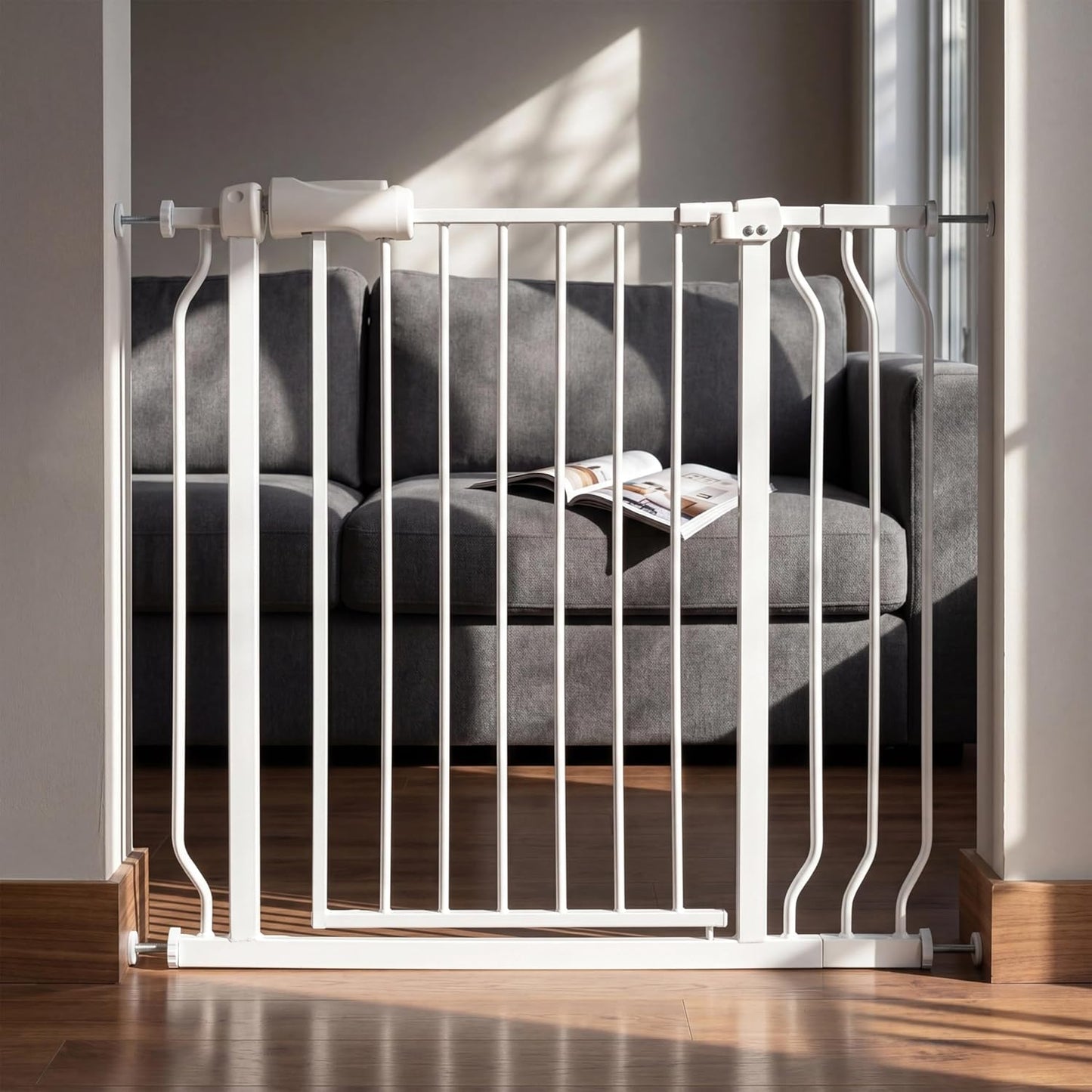 24-29 Inch Narrow Baby Gate, Pressure Mounted No Drilling Dog Gate for Stairs & Doorways, White Metal Safety Gate Indoor for Kids and Pets