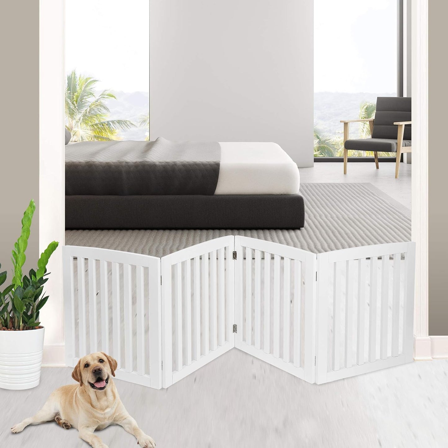 Nouva 36" H Pet Gate, 3 Panels Indoor Foldable Dog Fence, Dog Gate for Stairs Doorways, Hardwood Pet Gate, Freestanding Pet Fence, White