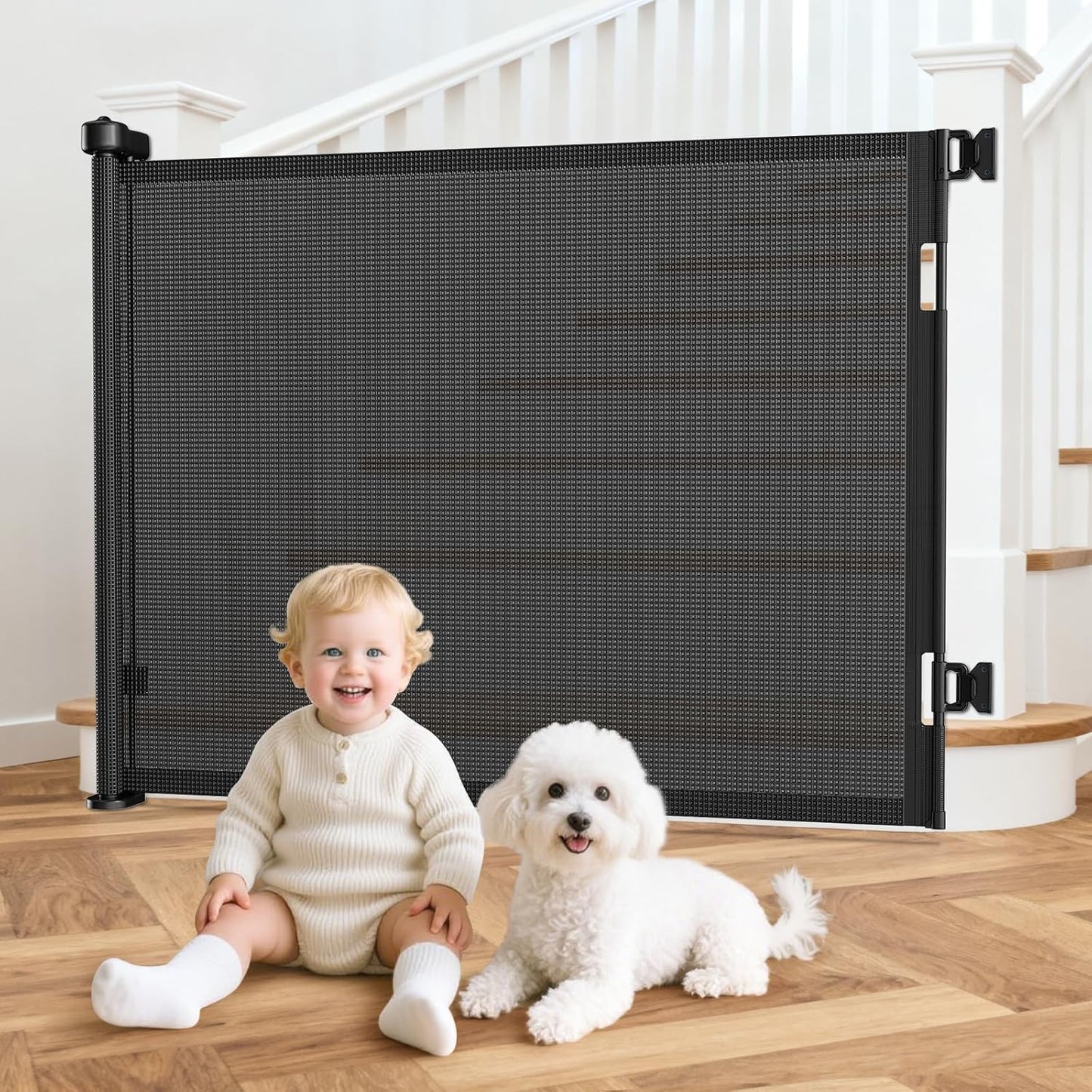 Upgrade 120 inch Retractable Baby Gates, EZIGO Extra Wide Baby Gate for Large Opening Extra Long Mesh Gate for Kids or Pet Dog Gate Child Safety Gate for Stairs Hallways Doorway Indoor Outdoor, Gray