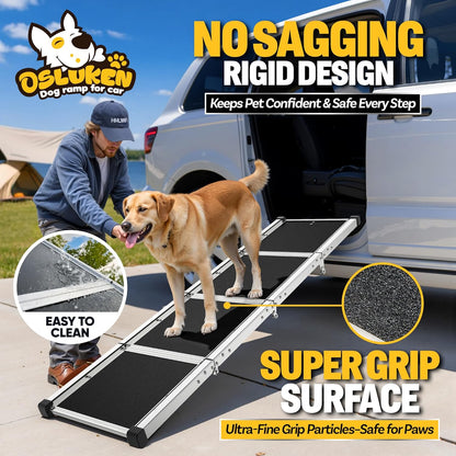71" Aluminum Alloy Dog Ramp for Car SUV Truck Side Door, Foldable Outdoor Pet Ramp with Adjustable Support Head, Non-Slip Traction Surface, Sturdy Ramp for Large Dogs Up to 200 LBS (5 Folded)