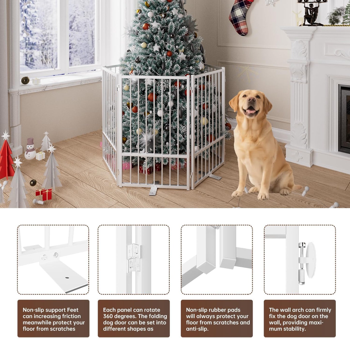 4 Panels Full Metal Freestanding Dog Gates with Door, 80” W x 32” H Folding Pet Gate Fence with Support Feet for Indoor,Stairs, Hallways and Doorways(Black)
