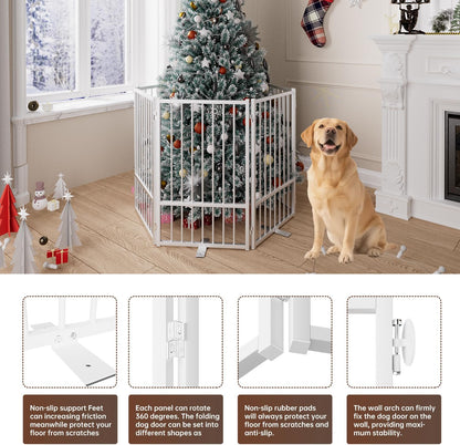 4 Panels Full Metal Freestanding Dog Gates with Door, 80” W x 32” H Folding Pet Gate Fence with Support Feet for Indoor,Stairs, Hallways and Doorways(Black)