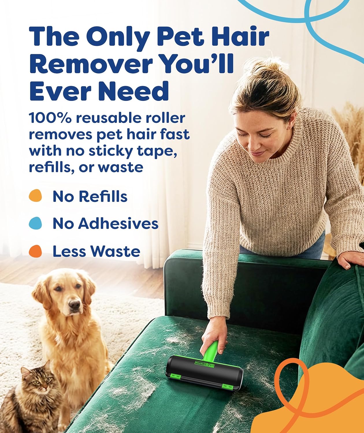 Triton Pet Hair Removal Tool w/Fur Trapping Compartment and Detachable Handle, 60% Smaller Storage Size, Reusable Shedding Roller, Cat and Dog Hair Remover for Car, Furniture, Carpet (Gray/White)