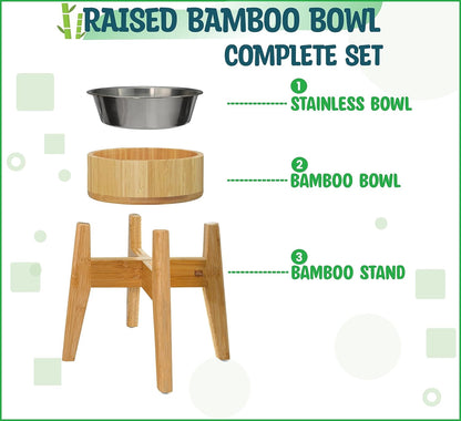 Elevated Slow Feeder Dog Bowls Large Breed - (12-inch-high) - Raised Bowl with Anti-Choking Insert - Stainless Metal and Bamboo