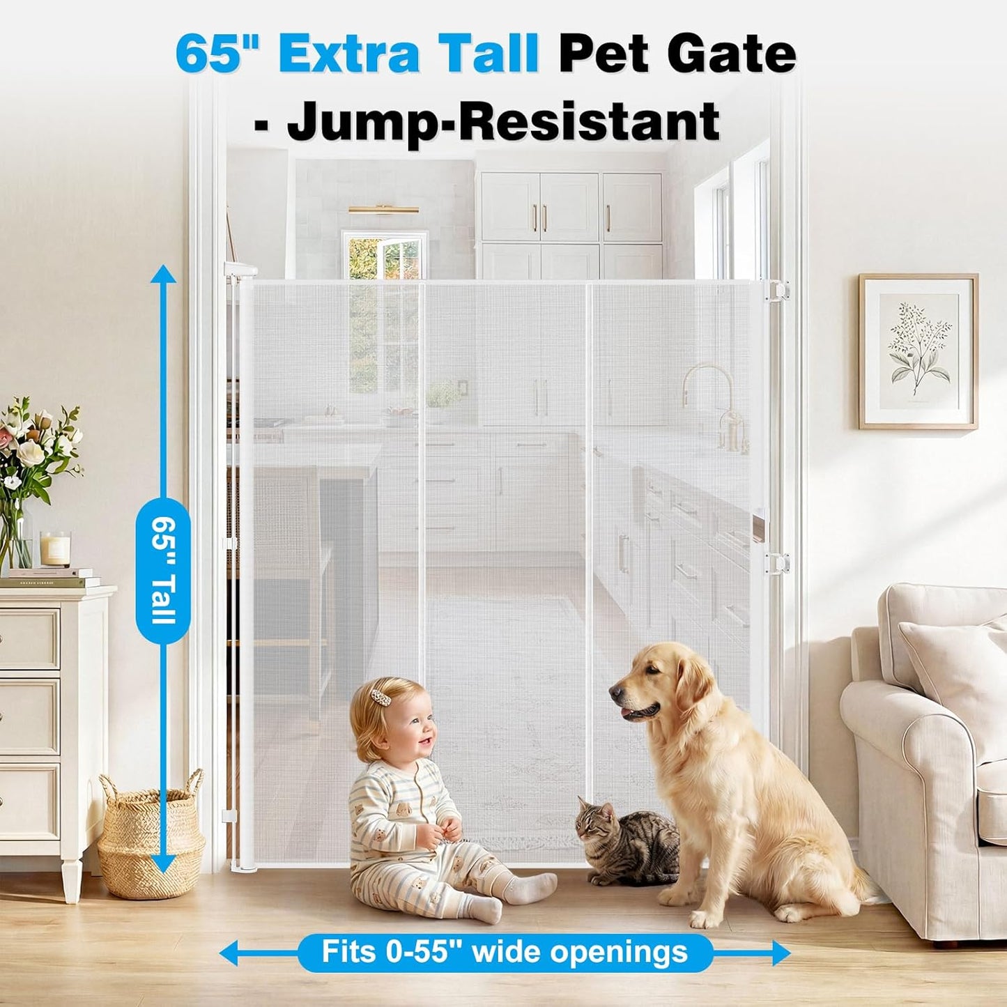Reinforced 65" Extra Tall Pet Gate for Doorway, Jump-Resistant & Prevent Crawling Underneath Retractable Baby Gates Extra Tall, 0-55" W Retractable Dog Gate for Pet, Dogs, Cats, Puppies, Babies, Black