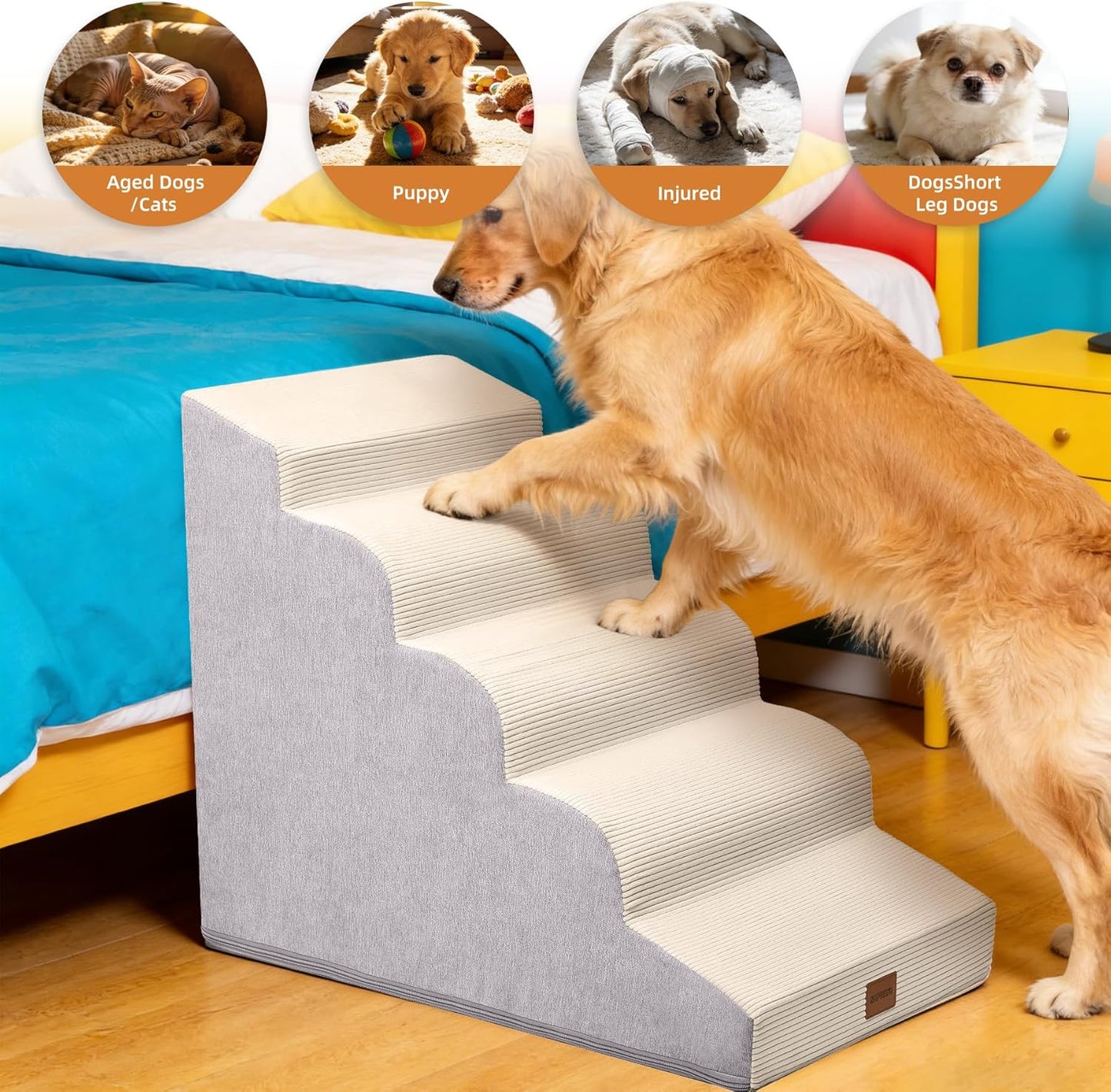 Dog Stairs for Small Dogs and Cats, 15.7" H, 3-Step Curved Pet Ramp for Couch Sofa and Chair, Non-Slip Medium Pet Steps with High Density Foam, Beige