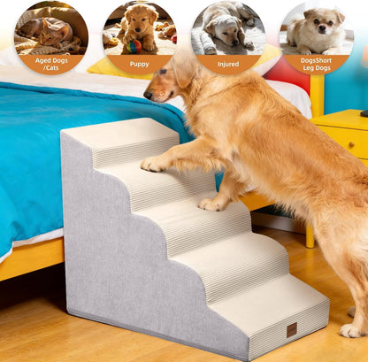 Dog Stairs for Small Dogs and Cats, 15.7" H, 3-Step Curved Pet Ramp for Couch Sofa and Chair, Non-Slip Medium Pet Steps with High Density Foam, Beige