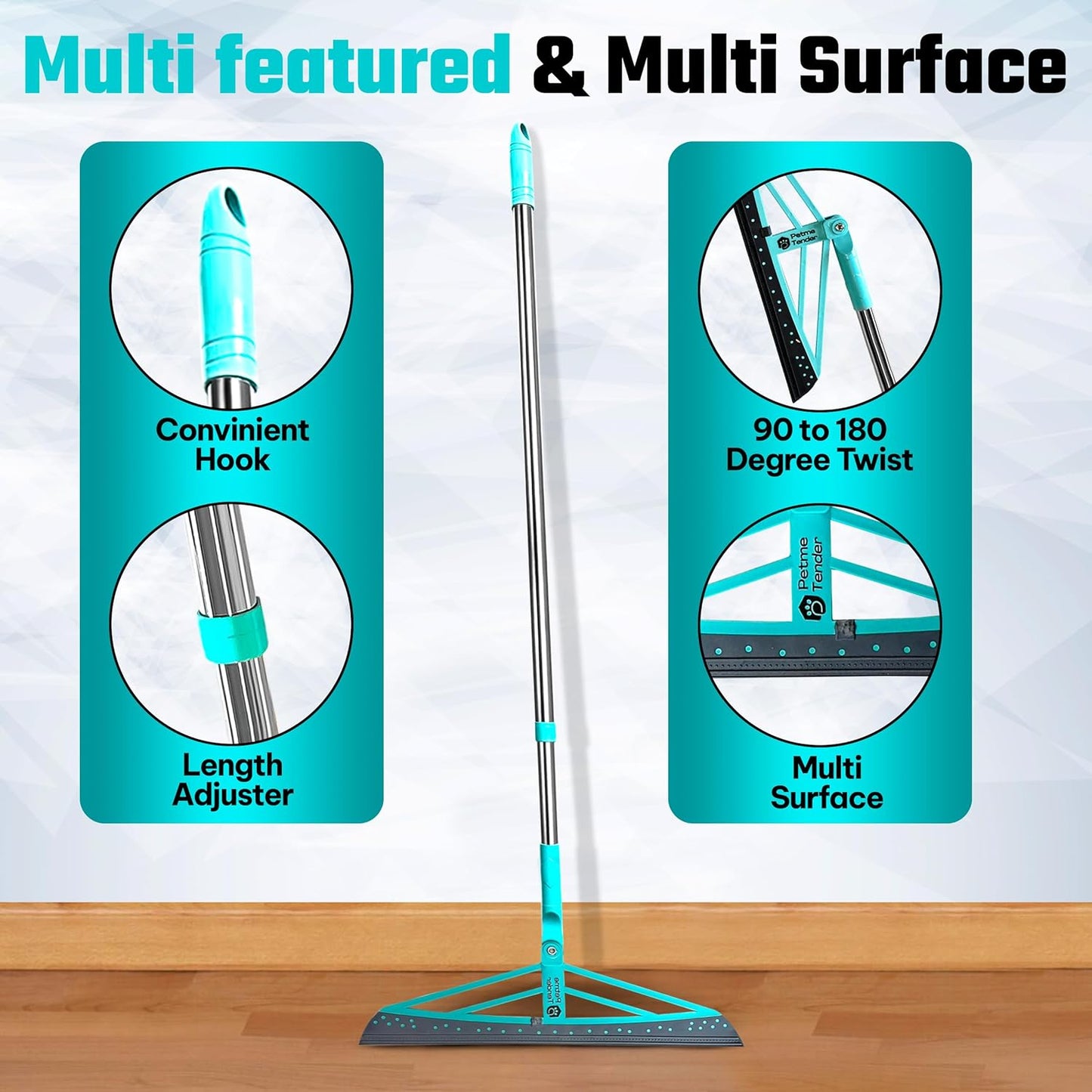 Magic Broom Squeegee Dog Pet Hair Remover, Rotatable, Extendable - Silicone Broom Pet Hair Remover for All-Surfaces Hardwood Floors, Carpet, Tile, Glass, Liquid-Dirt with 60" Handle