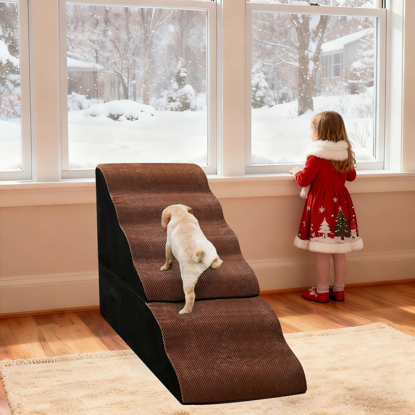 Dog Stairs for High Beds 30-36 inches Tall, 6-Step Dog Steps for Bed 32-36 inches for Small Large Dogs, Doggie Ramp for Bed, 30D Foam Pet Stairs for Old Dogs/Cats, Free-Installation, Grey