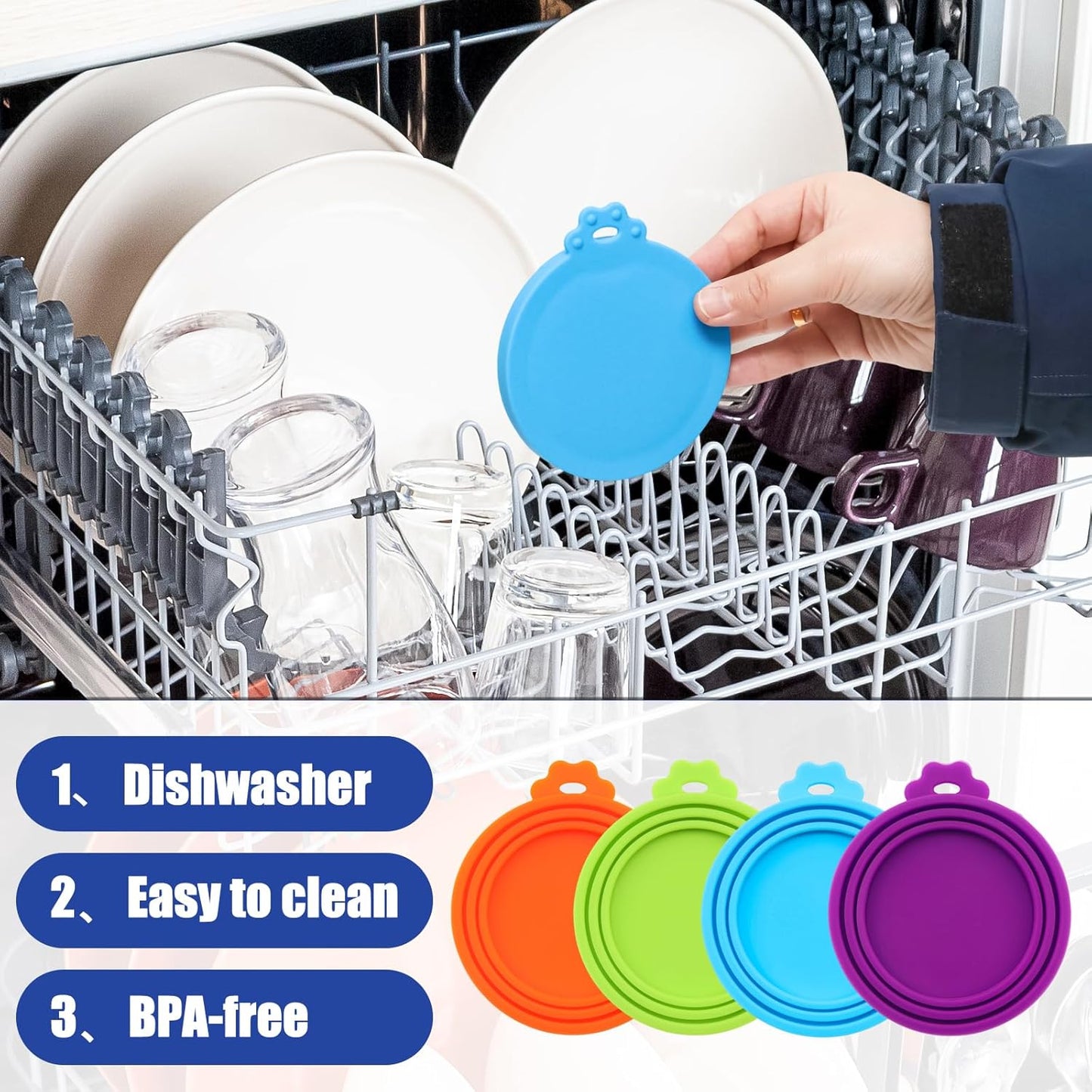 PINE & LINEN 4 Pcs 2.5inch Durable Pet Can Lids, Silicone Small Pet Can Covers Waterproof Cat Food Cans Lids for 3 oz Cat Food Cans（Yellow+Red+Pink+Blue）
