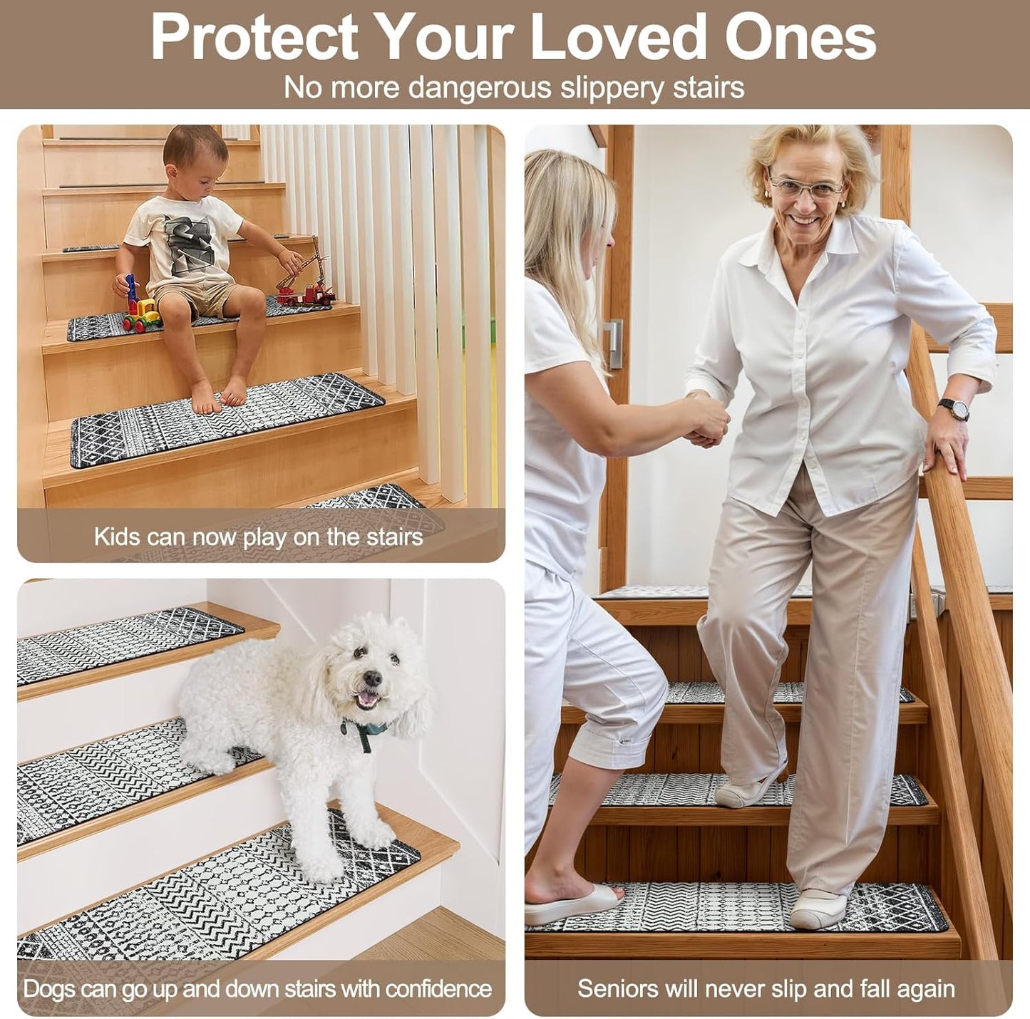 OJIA Boho Stair Treads Non-Slip Stair Runners for Wooden Steps Indoor 15PCS 30"x8" Washable Carpet Stair Treads Stair Mats Staircase Step Treads for Kids, Elders and Dogs, Stair Covers, Black