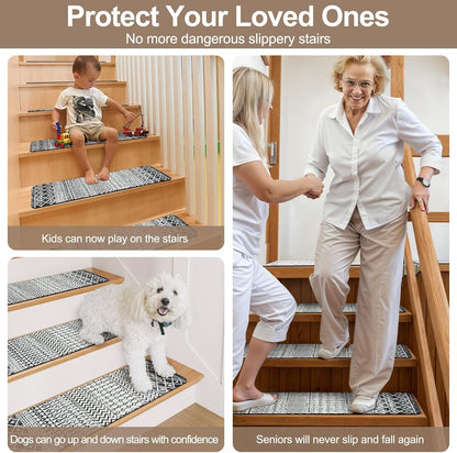 OJIA Boho Stair Treads Non-Slip Stair Runners for Wooden Steps Indoor 15PCS 30"x8" Washable Carpet Stair Treads Stair Mats Staircase Step Treads for Kids, Elders and Dogs, Stair Covers, Black