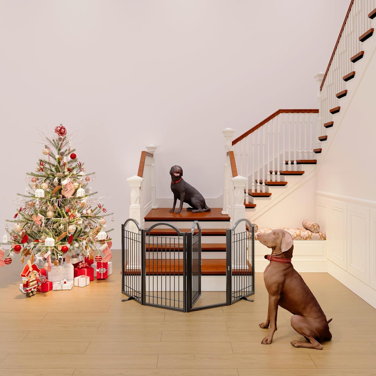 BHG Metal No-Assembly Freestanding Dog Gate with Door Walk Through, Extra Wide 144", Extra Tall 32" Pet Gate, Accordion Puppy Folding Playpen Dog Fence, with 2PCS Support (Black, 6 panesl)