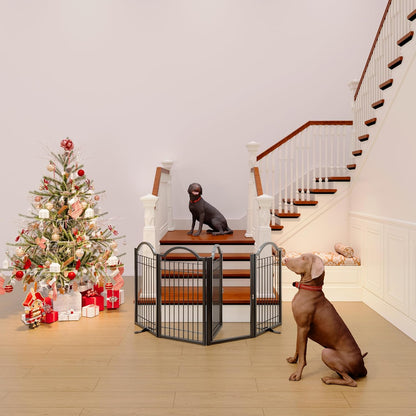BHG Metal No-Assembly Freestanding Dog Gate with Door Walk Through, Extra Wide 144", Extra Tall 32" Pet Gate, Accordion Puppy Folding Playpen Dog Fence, with 2PCS Support (Black, 6 panesl)