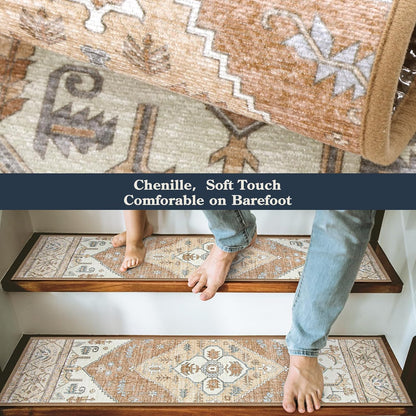 Lahome Stair Treads Non Slip 15 Pack 8" X 30" Stair Treads for Wooden Steps, Washable Self Adhesive Stair Runners Stain Resistant Stair Carpet, Edging Staircase for Kids Elders and Dogs Dorie, Taupe