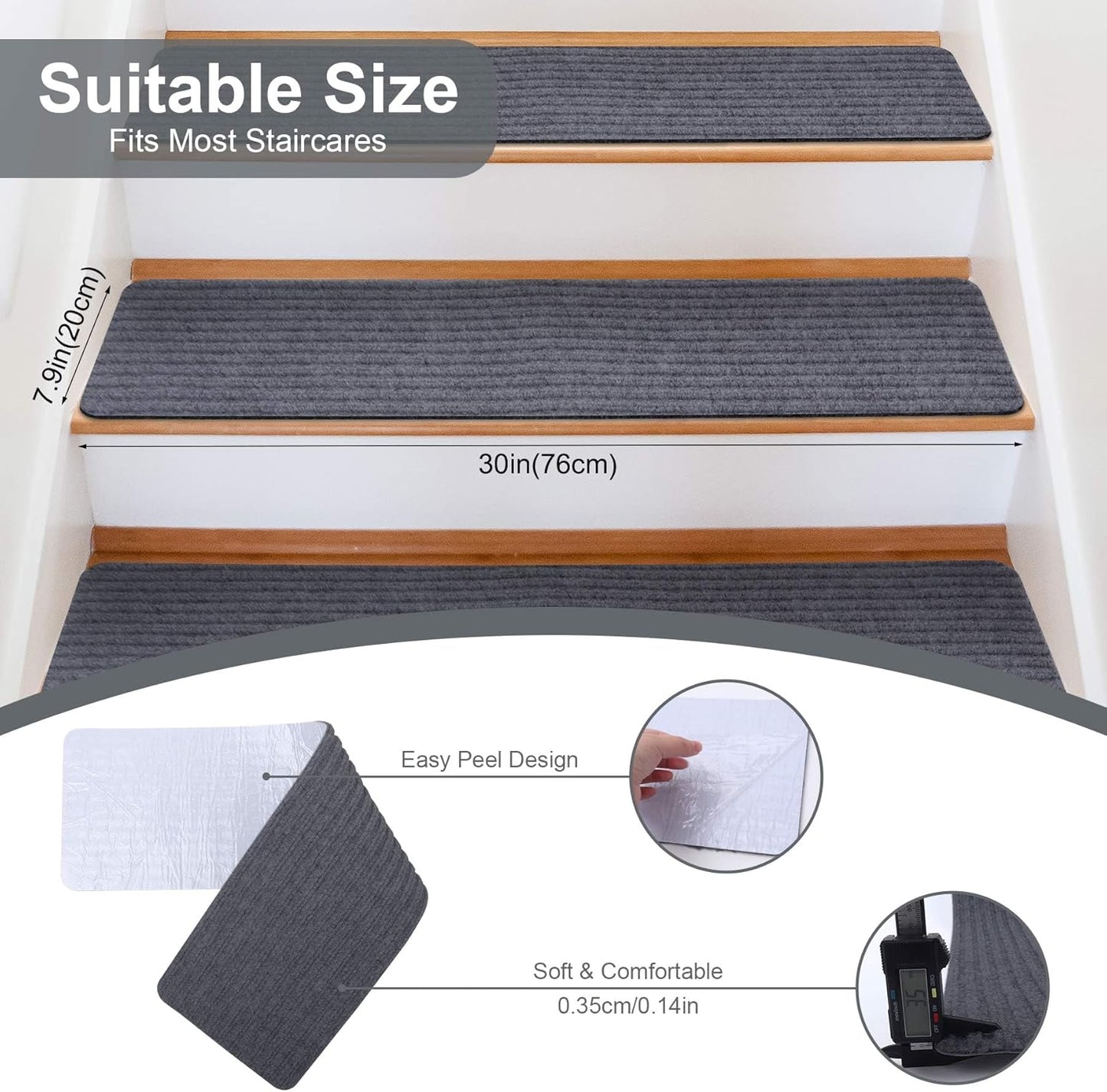 Extra Wide Non Slip Stair Treads for Wooden Steps – 15 Pack 9" x36'' Extra Wide Carpet Runners with Reusable Adhesive, Step Pads for Dogs, Kids, Seniors, Machine Washable – Geige