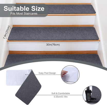 Extra Wide Non Slip Stair Treads for Wooden Steps – 15 Pack 9" x36'' Extra Wide Carpet Runners with Reusable Adhesive, Step Pads for Dogs, Kids, Seniors, Machine Washable – Geige