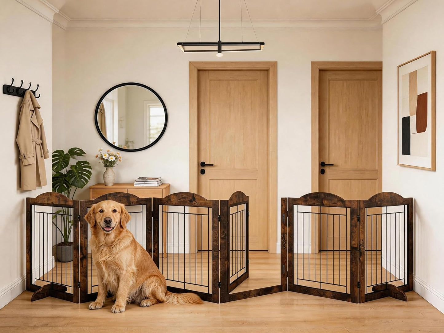 Vantas Espresso Wooden Folding Dog Gate 144" Wide x 30" Tall with Door, Freestanding Pet Gate, Pet Puppy Safety Fence
