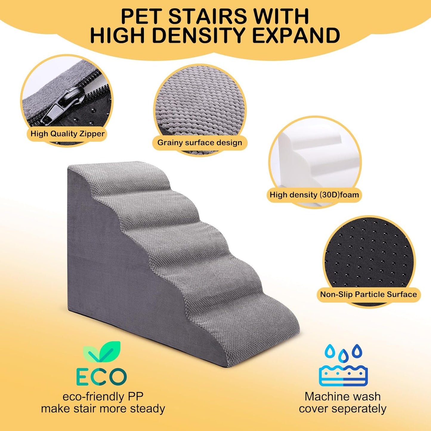 CiWiVOKi Dog Stairs for Bed, 5-Step Dog Steps for Couch and High Bed, Non-Slip Pet Stairs, 24" High Sofa Foam Ramp - Best for Small Pets, Older Cats with Joint Pain