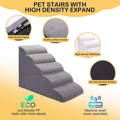 CiWiVOKi Dog Stairs for Bed, 5-Step Dog Steps for Couch and High Bed, Non-Slip Pet Stairs, 24" High Sofa Foam Ramp - Best for Small Pets, Older Cats with Joint Pain