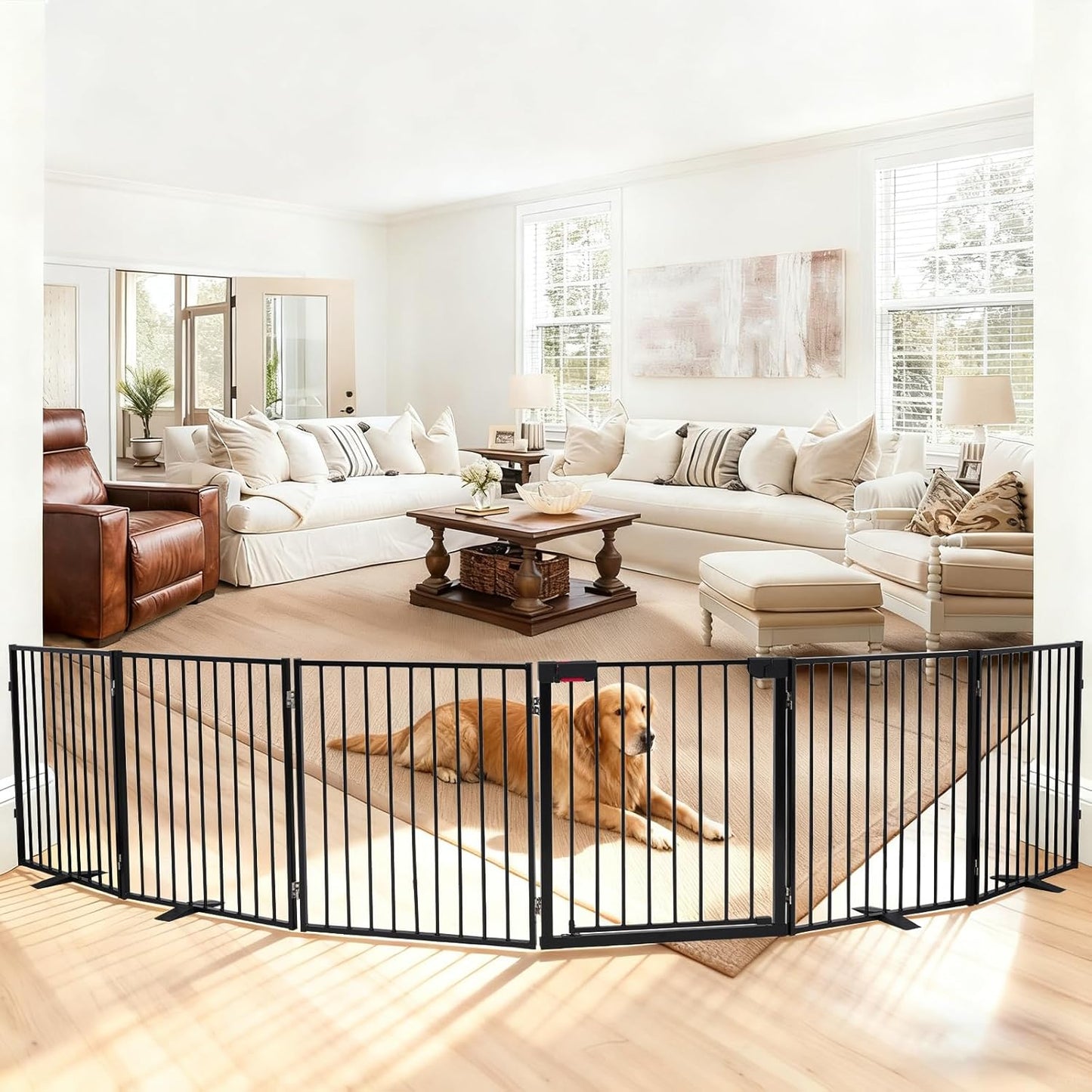 104" Extra Wide Dog Gate, Heavy Duty Metal Freestanding Dog Gate with Door for Indoor & Outdoor, Foldable Pet Fence for Doorways,House,Porch,Deck,Yard,Stairs, Auto Close(4 Panels,Black)