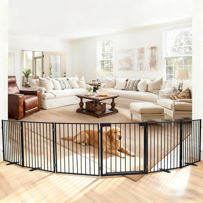 104" Extra Wide Dog Gate, Heavy Duty Metal Freestanding Dog Gate with Door for Indoor & Outdoor, Foldable Pet Fence for Doorways,House,Porch,Deck,Yard,Stairs, Auto Close(4 Panels,Black)
