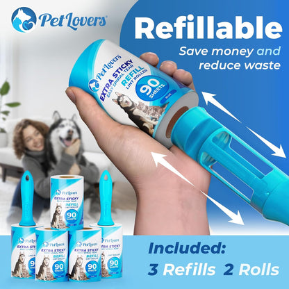 PetLovers Extra Sticky Lint Roller Single Unit 90 Sheets for Pet Hair Removal, Dog and Cat Lint Remover (1 Pack)