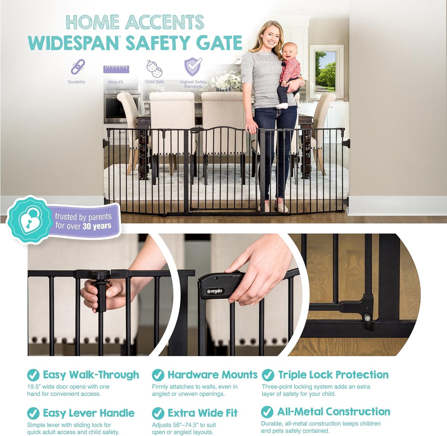 Regalo Safety 28"-76” Super Wide Configurable Baby Gate for Doorways & Open Spaces, 3-Panel Wall Mounted Safety Gate with Door for Babies, Toddlers & Pets, Includes Wall Mount Hardware