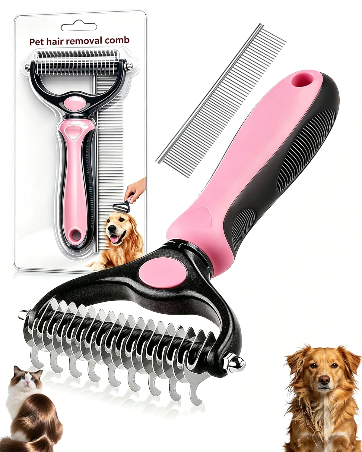 Dual-Sided Pet Grooming Comb for Dogs & Cats – 2-in-1 Dematting Brush & Undercoat Rake for Long, Thick, Curly & Double-Coated Pets (2pcs-Pink)