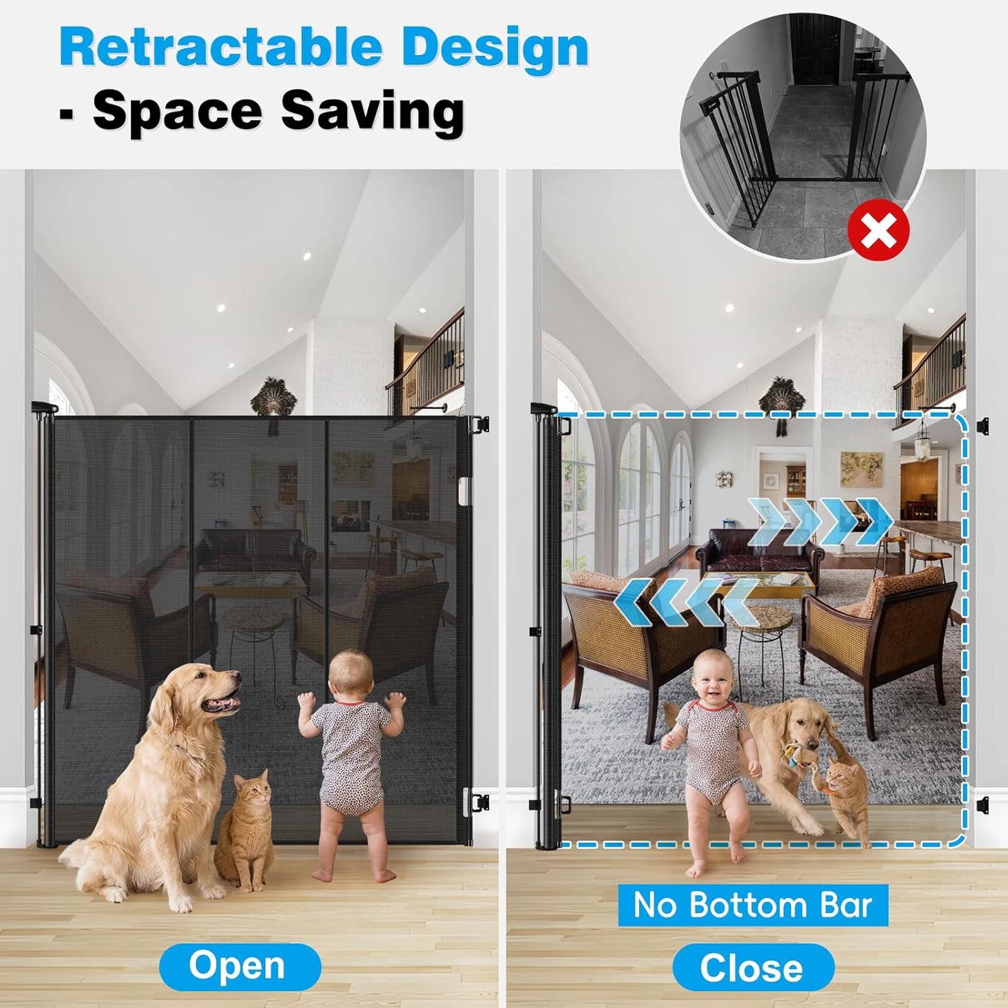 Reinforced 52" Extra Tall Dog Gate for Doorway, Jump-Resistant & Prevent Crawling Underneath Retractable Dog Gates Indoor, 0-55" W Retractable Baby Gate for Doorway, Safety Extra Tall Cat Gate, White