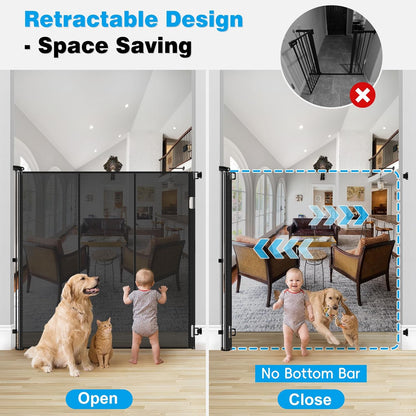 Reinforced 52" Extra Tall Dog Gate for Doorway, Jump-Resistant & Prevent Crawling Underneath Retractable Dog Gates Indoor, 0-55" W Retractable Baby Gate for Doorway, Safety Extra Tall Cat Gate, White