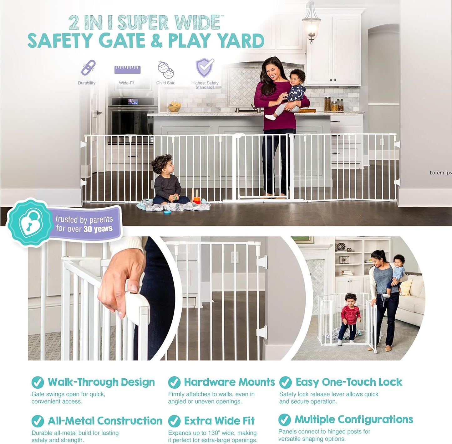 Regalo Safety 28"-76” Super Wide Configurable Baby Gate for Doorways & Open Spaces, 3-Panel Wall Mounted Safety Gate with Door for Babies, Toddlers & Pets, Includes Wall Mount Hardware