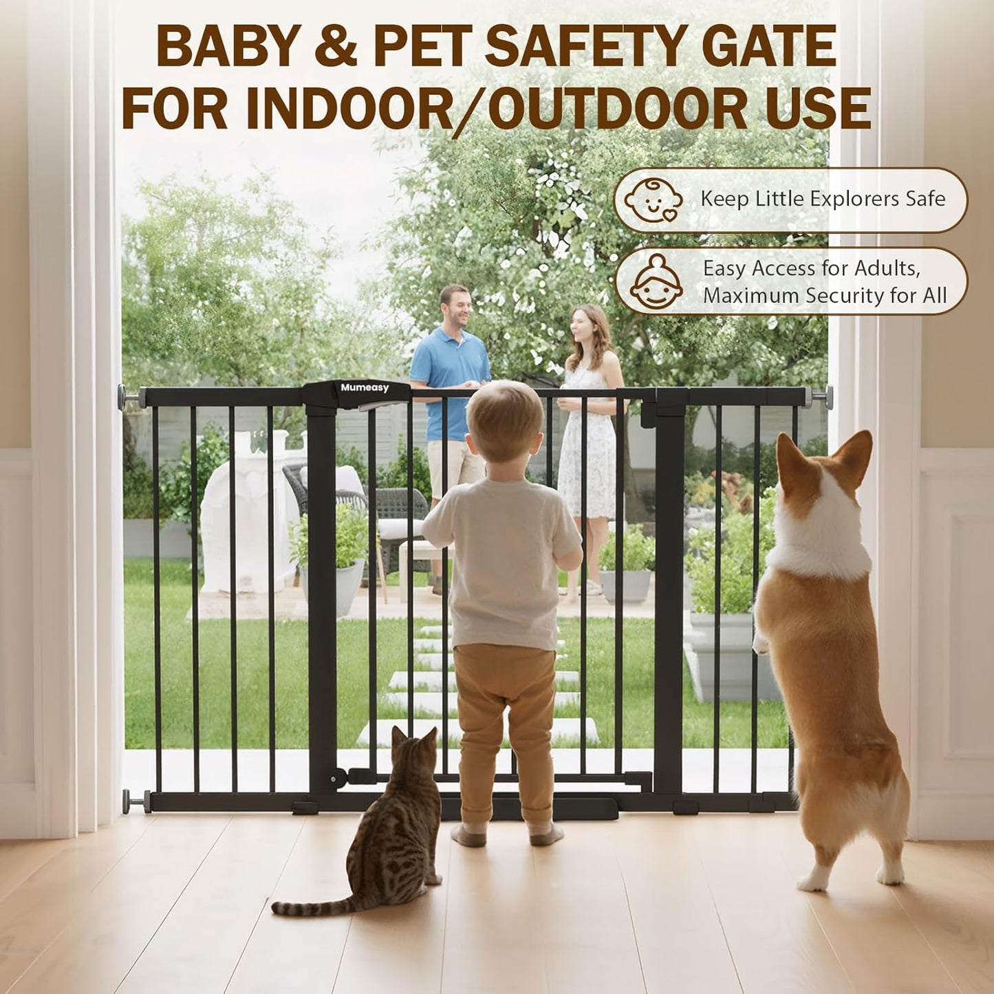 Mumeasy Baby Gate Extra Wide, 29.7-51'' Pressure Mounted Dog Gate with Walk Thru Door, Auto Close Pet Gate for House, Stairs, Doorways,Black