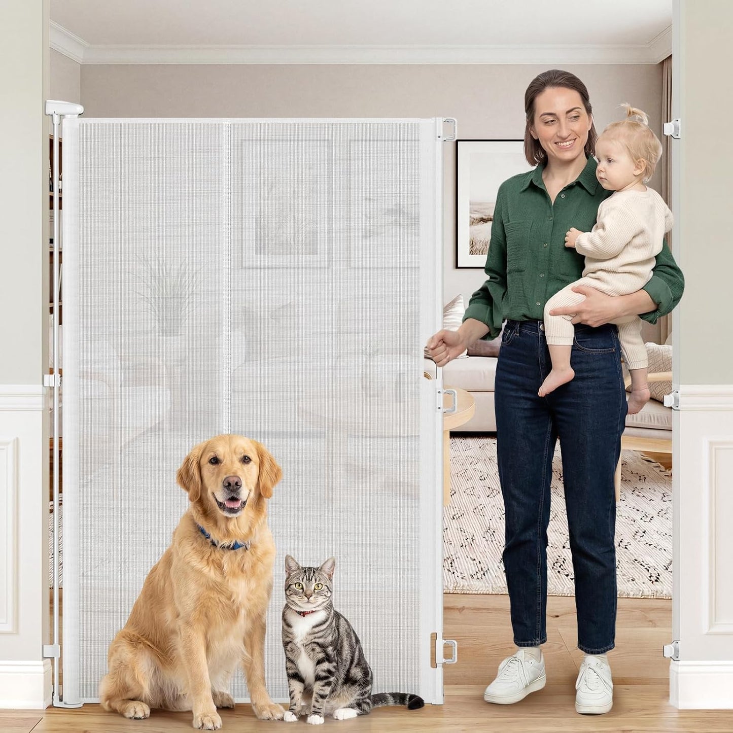 Reinforced 65" Extra Tall Pet Gate for Doorway, Jump-Resistant & Prevent Crawling Underneath Retractable Baby Gates Extra Tall, 0-55" W Retractable Dog Gate for Pet, Dogs, Cats, Puppies, Babies, Black
