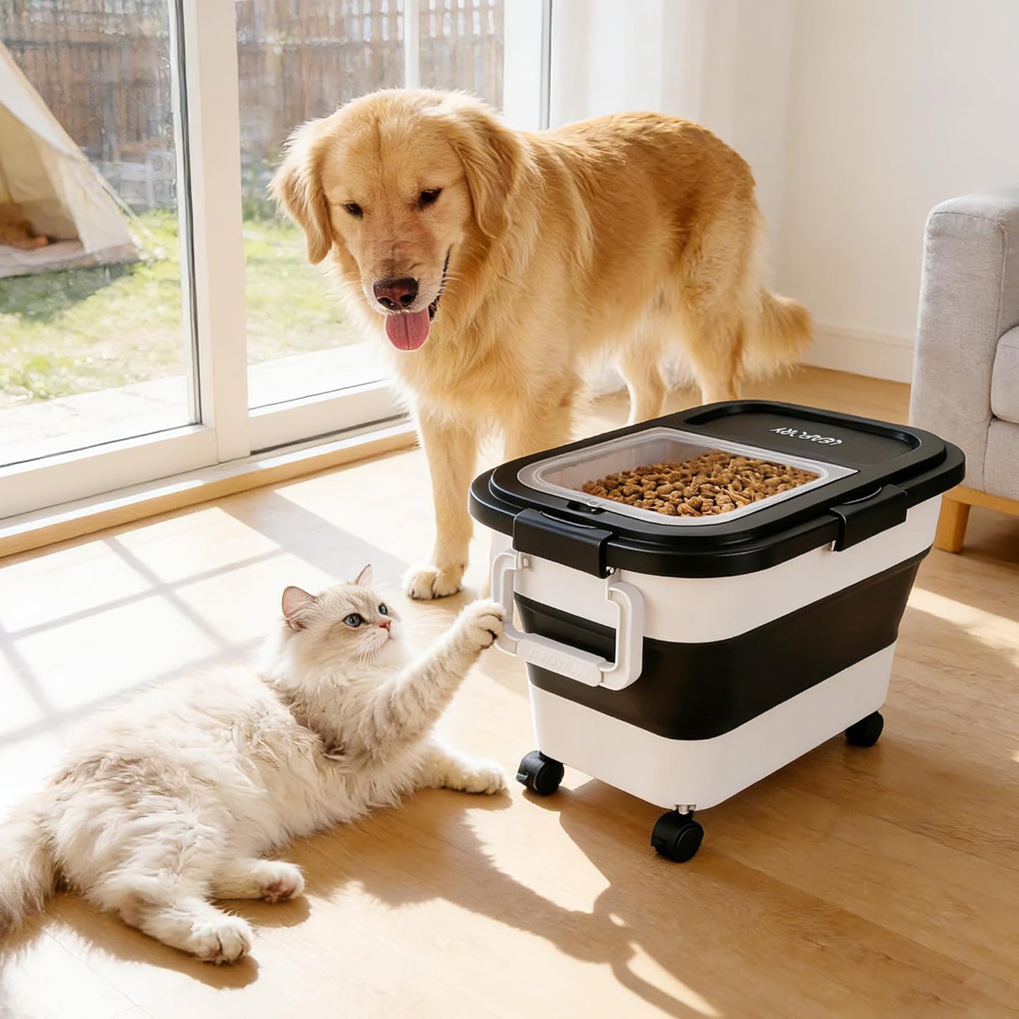 Dog Food Storage Container 30-40lbs, Airtight Pet Food Bin with Locking Lid & Clear Window, Collapsible Rolling Storage Container with Wheels & Scoop, Gray