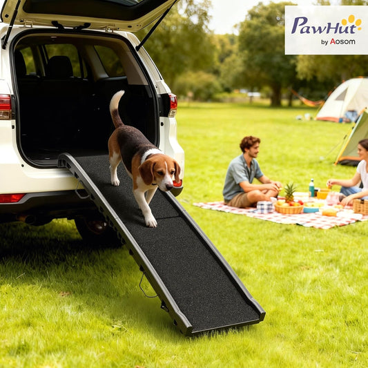 PawHut Folding Dog Ramp for Car, Truck, SUV, 61 Inches Portable Pet Ramp with Grass Surface, Non Slip with Raised Side Rails