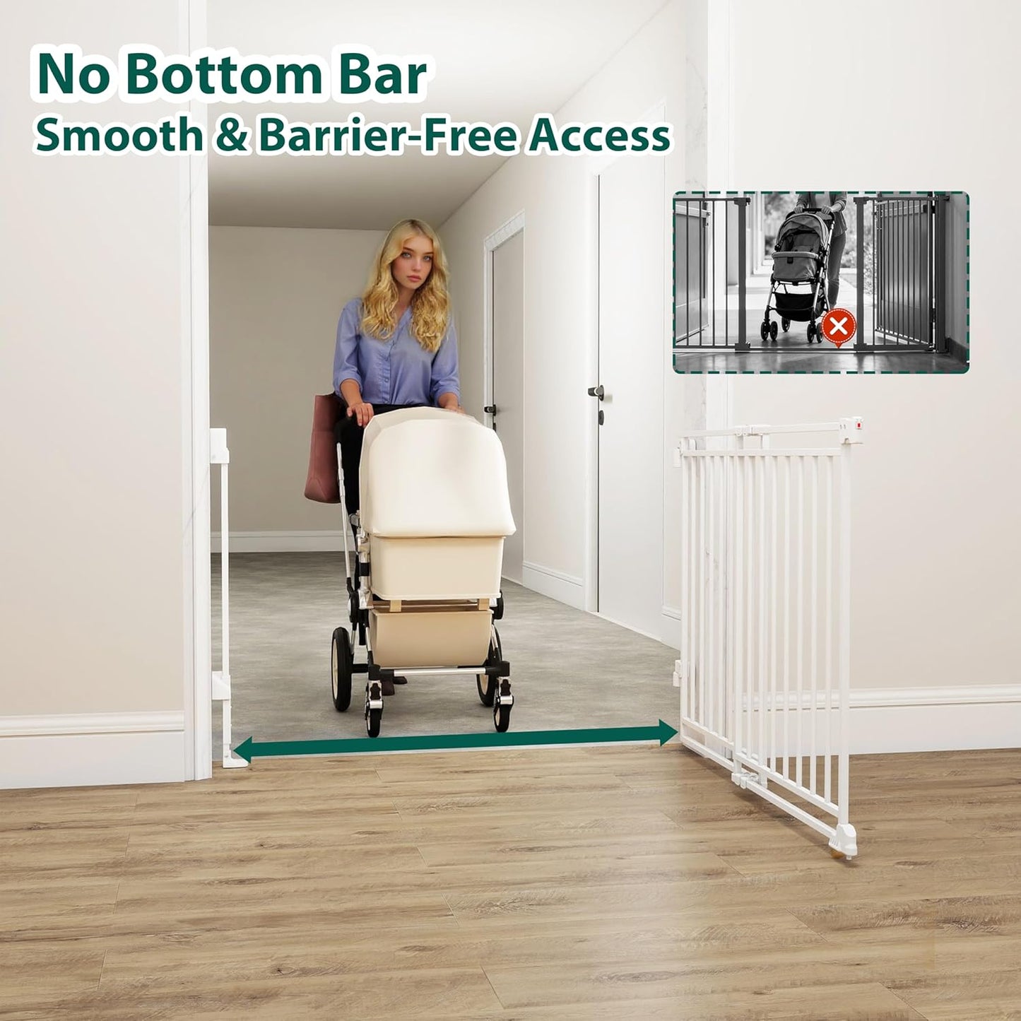 Miumoon 29-43" No Bottom Bar Baby Gate for Stairs, 2-in-1 Auto Close Dog Gate Indoor with Large Walk Thru Door, Hardware Mount Pet Gate for Top and Bottom Stairs (White, 26.5-43" W x 29" H)