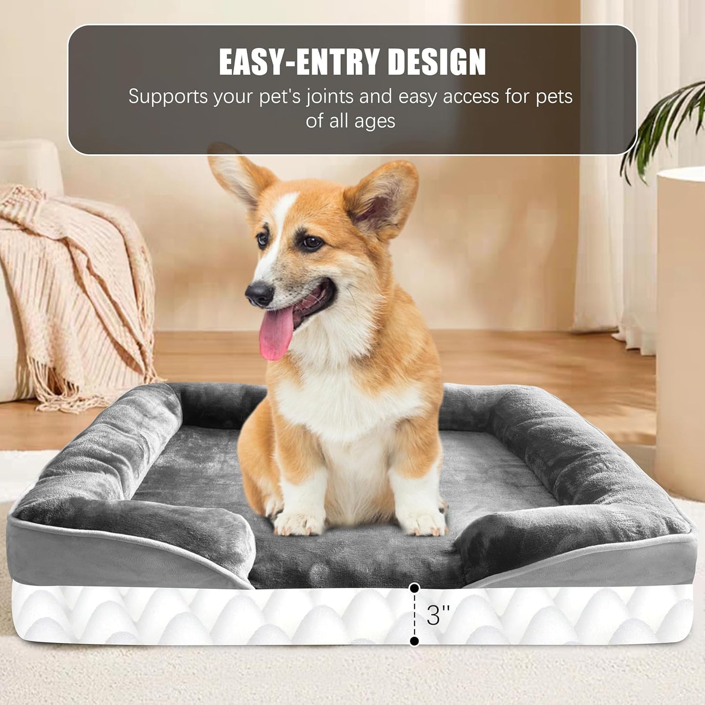 Spotted Play Orthopedic Dog Bed with Sides - Dog Sofa Beds for Medium Dogs, Supportive Foam Pet Couch Bed with Washable Removable Cover, Waterproof Lining and Non-Slip Bottom, Grey - M