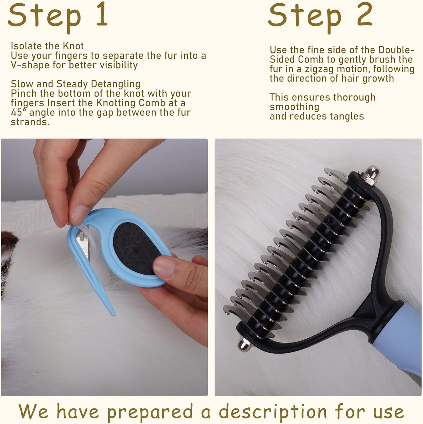 Double Row Undercoat Rake for Dogs & Cats - Wooden Handle Metal Dog Comb, Pet Grooming Dog Rake for Deshedding & Detangling