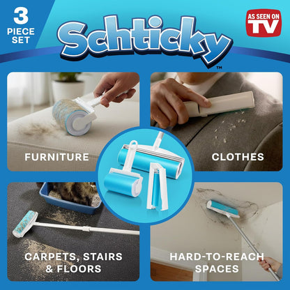 Schticky Lint Roller Set - Reusable & Washable Lint Roller Cleaner for Clothes Sofa Furniture Car Cat Dog Hair - Clean in a Quicky with Schticky (3 Piece Set)