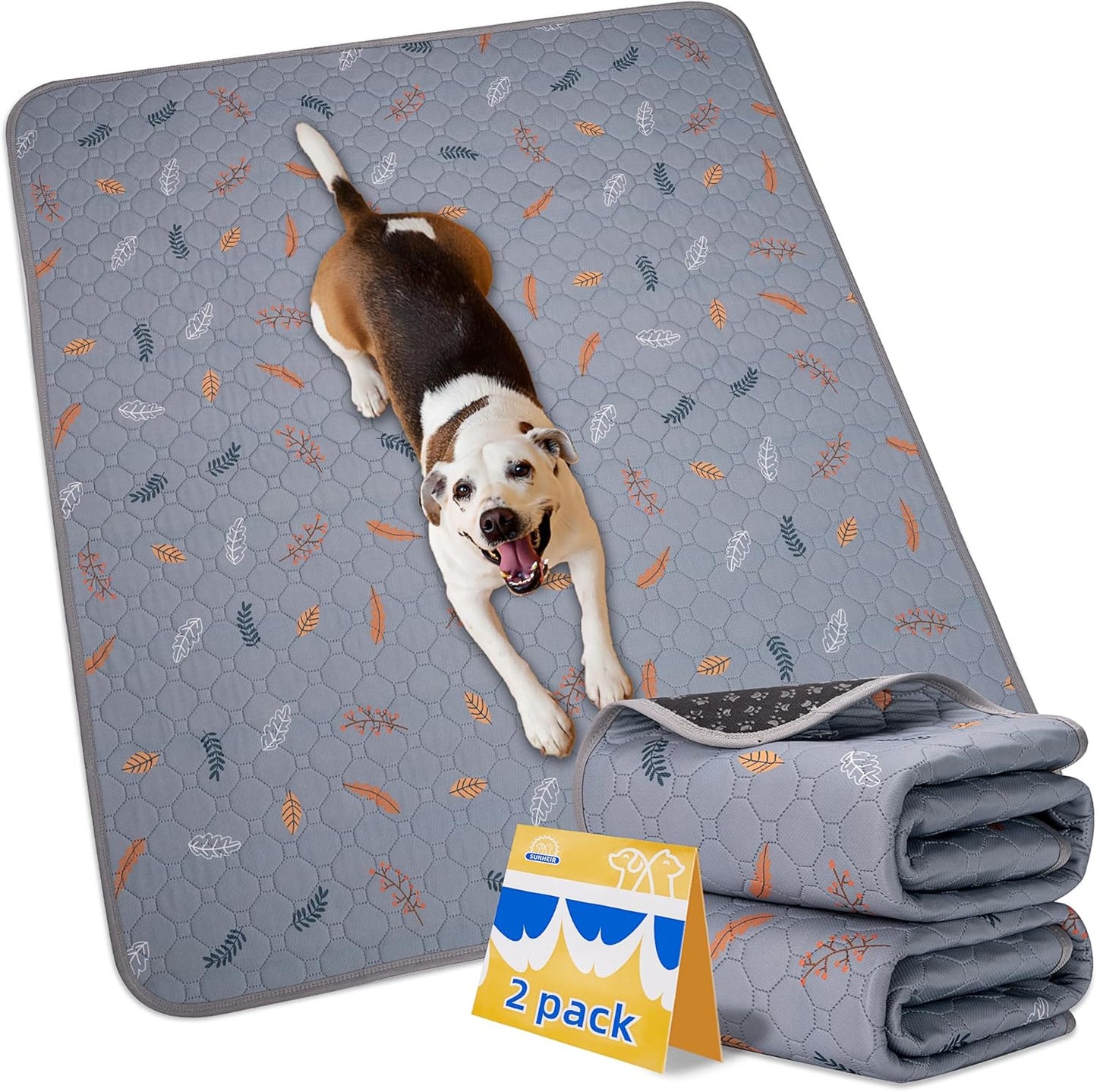 Sunheir Washable Pee Pads for Dogs Large 48" x 48" 2-Pack Reusable Puppy Pads Pet Training Pads, Absorb Dog Mats, Whelping Pad, Non-Slip Protects Against Urine Leakage (Leaves - Deep Grey, 48x48)