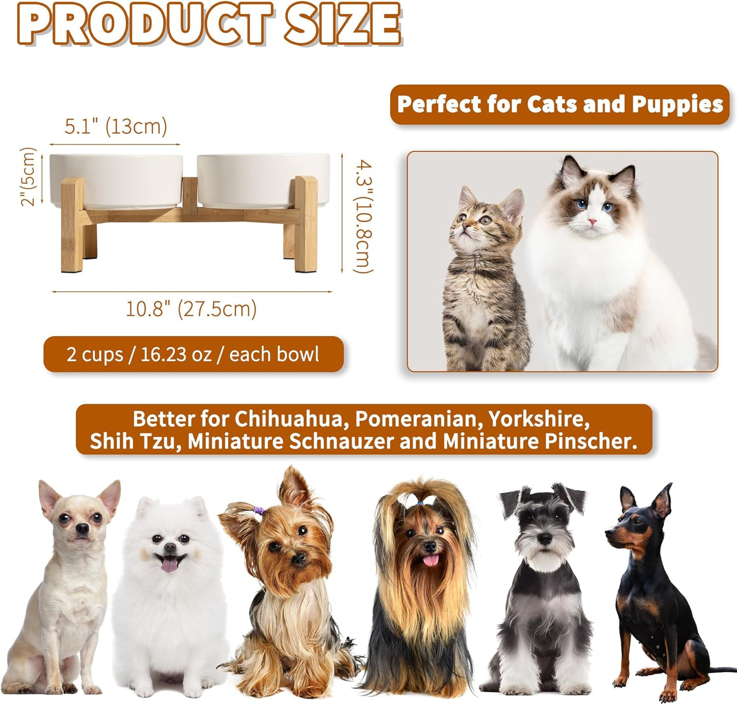 Elevated Ceramic Dog Bowl Set - Raised Dog Bowls with Non-Slip Bamboo Stand - Dog Food and Water Bowl Set - Double Dog Feeding Bowls - Suitable for Small and Medium Dogs - 28.74 OZ - 3.6 CUPS - 850 ML